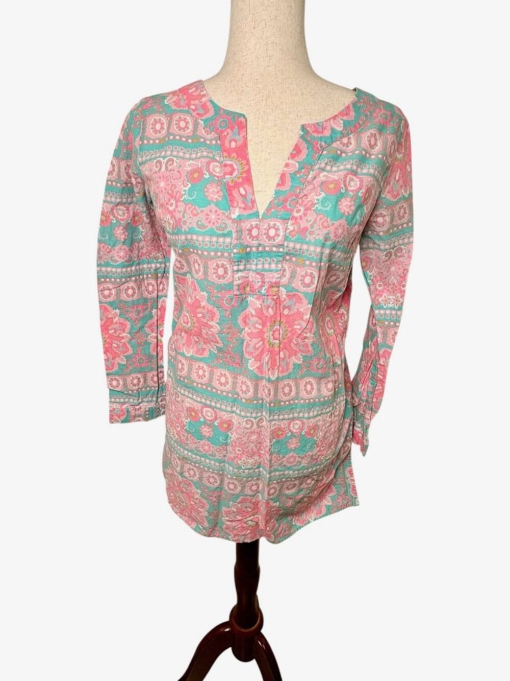 Vineyard Vines Pink Aqua Blue Cotton Split Neck Tunic Top Preppy Vacation Small